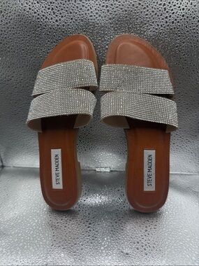 Steve Madden Brown Footbed Silver Crystal Double-Strap Slide Sandals